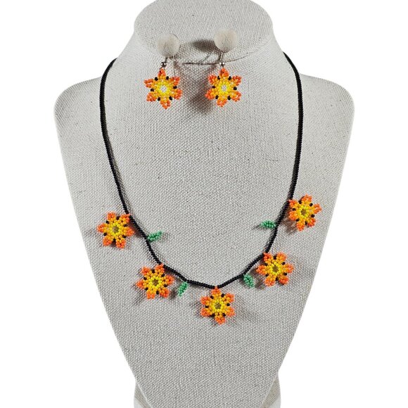 Unbranded Jewelry - Handmade Seed Bead Sunflower Necklace & Earrings Set | Orange Yellow Floral